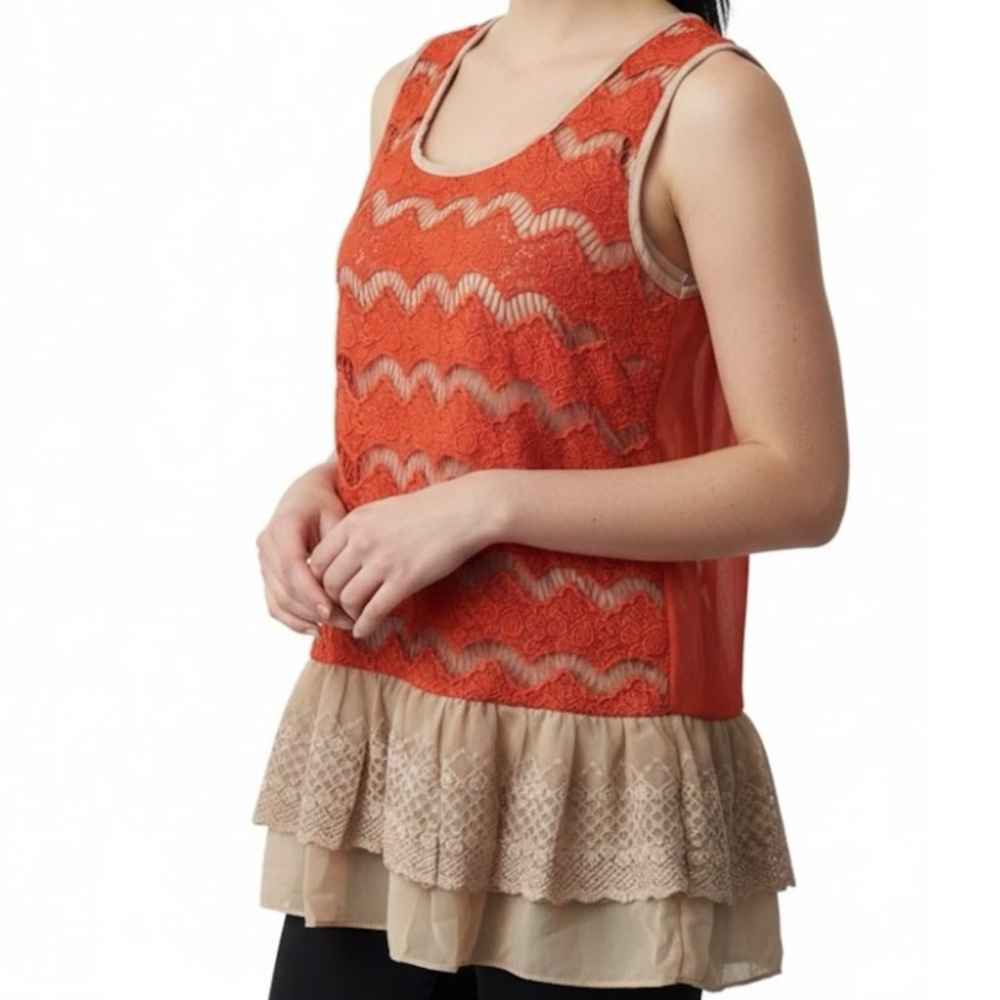 Ryu Lacy Sheer Flounced Ruffle Sleeveless Top with Open Back Bow Tie- NWT Sz.Sm